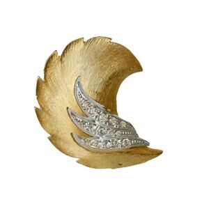 1980s JJ Jonette Gold  White Rhinestones Curved Leaf Crescent Shaped Pin Brooch